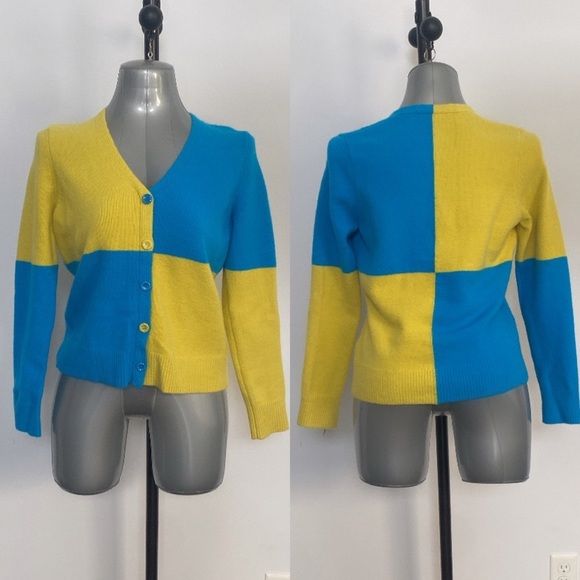 2/$25 Yellow blue color block 90’s casual button up V-neck cardigan sweater sz S - Picture 1 of 7